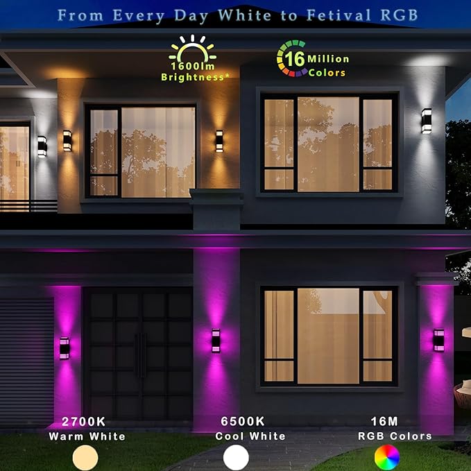 rosykite Smart Outdoor Sconce Lights 2 Pack, Up Down Wall Porch Lights RGB Color Changing WiFi APP Control, Dimmable LED Exterior Wall Lighting Fixtures Work with Alexa,No Hub Required,ETL Listed