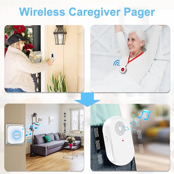 CallToU Caregiver Pager Wireless Call Button for Hard of Hearing Waterproof 500FT Vibration Nurse Calling Alert System for Home Elderly Monitoring Disabled/Patient/Seniors (2+2)