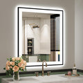 YEELAIT 28x32 Inch LED Bathroom Mirror with Lights (Front Lit and Backlit) Black Framed Lighted Vanity Mirror for Bathroom Wall Dimmable Anti-Fog Memory Tempered Glass Horizontal/Vertical