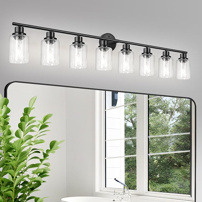 Guliaofo 8-Light Black Vanity Lights, Modern Bathroom Light Fixtures with Clear Glass Shade, Wall Lamps for Mirror Kitchen Hallway Cabinet Living Room Sconces Lights - E26