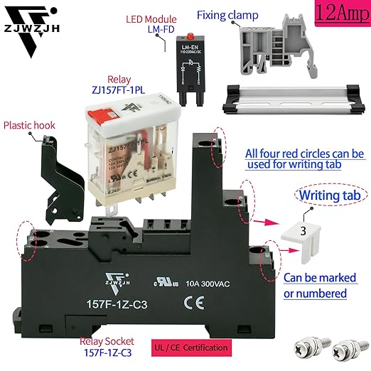 6Pcs 12 Amp Power Relay Switch Electromagnetic with Test Button 110V 120V AC SPDT 1NO 1NC Socket Base with LED Light UL Certification