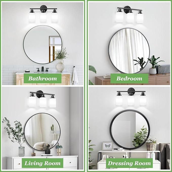 Guliaofo 3-Light Bathroom Light Fixtures, Black Vanity Lights for Mirror with Textured Milky White Glass Shade, E26 Base Modern Kitchen Light Fixtures Wall Sconce Light