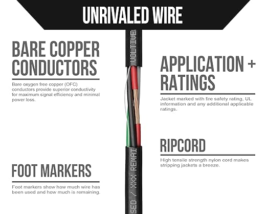 Voltive 16/4 Speaker Wire, Riser CL3R, Black, 500ft - 16AWG, 4 Conductors, Stranded Oxygen-Free Copper, UL Listed - V-1273-1