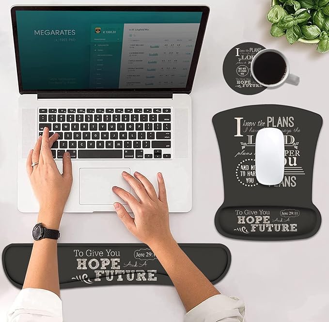 Ergonomic Mouse Pad Wrist Support and Keyboard Wrist Rest Set with Coasters, Non-Slip PU Base, Easy Typing and Relieve Wrist Pain, Perfect for Home Office Working Studying, Bible Verse Jeremiah 29:11