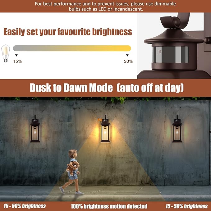 Roravilila 1-Pack 18 Inch Oil Rubbed Bronze Motion Sensor Outdoor Wall Lantern IP65 Waterproof, Large Brown Dusk to Dawn Outdoor Light for House Clear Glass Outside Wall Mounted Lamps Front Door