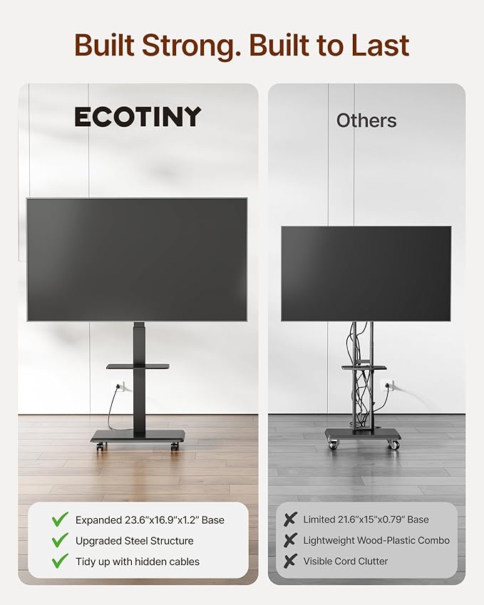 ECOTINY Steel Base Rolling TV Stand for 32-75 inch TVs up to 110 lbs, Leveling & Tilt & Swivel Mobile TV Stand with Hidden Wire Management, Height Adjustable Portable Tv Stand with Steel Shelf, Black
