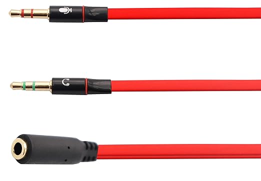 zdyCGTime 3.5mm AUX Headphone Y Splitter Cable 4-Pole 3.5mm AUX Female to 3-Pole 2x3.5mm Male Headset Mic & Stereo Audio Cable for PC Computer and Old Version Laptop Y Audio Flat Cable (20CM) (Red)