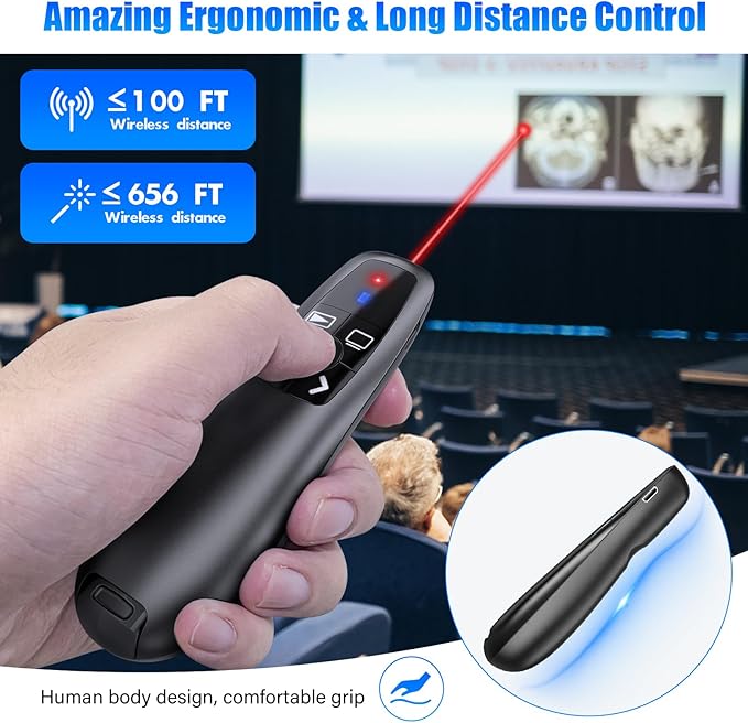 2-in-1 USB Type C Presentation Clicker, Clicker for PowerPoint Presentations, Rechargeable Wireless Presenter Remote, Pointer RF 2.4GHz USB PowerPoint Clicker Slide Advancer with Volume Control