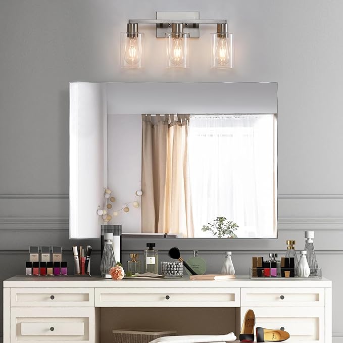 SOPEAS 3-Light Vanity Lights,Brushed Nickel Vanity Light,with Clear Glass Shade for Bathroom Light Fixtures, Bathroom Light Fixtures Over Mirror