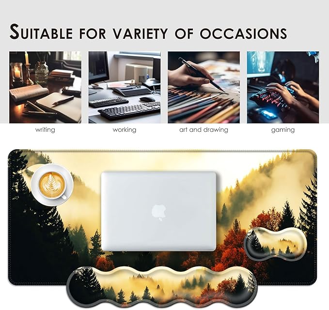 BFUKVOU Large Keyboard Mouse Pad Set, Extended Mouse Pad+Keyboard Wrist Rest Support, Memory Foam Ergonomic Easy Typing, 4Pcs (31.5×11.8 in) Desk Pad Set for Office Home,Nature Misty Forest