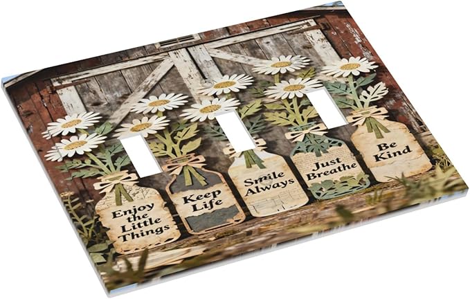 Bvtewkhz Rustic Daisy Barn Door Flowers 3 Gang Triple Toggle Decorative Light Switch Covers Electrical Faceplate Switch Plates for Bathroom Kitchen Home