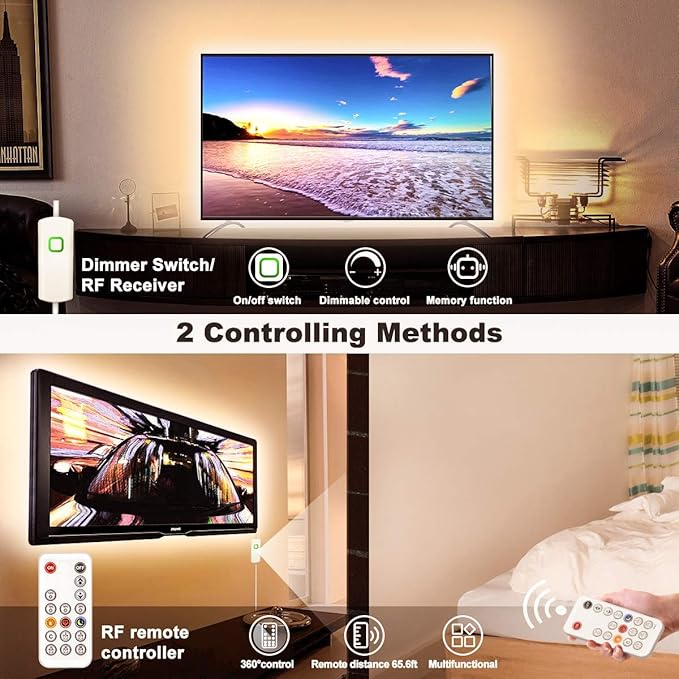 MY BEAUTY LIGHT LED Strip Lights Warm White,16.4ft Dimmable LED Light Strip with RF Remote,300 Bright 3000K 2835 LEDs,Plug-in Adhesive Rope Lights with Timing Mode for Living Room Bedroom Kitchen
