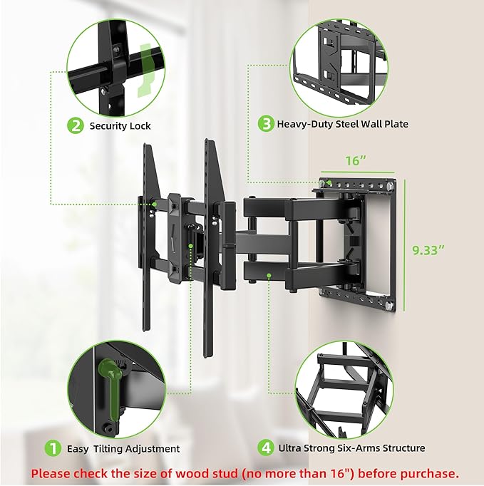USX Mount Full Motion TV Wall Mount for Most 42-90 inch Flat Screen/LED/4K, TV Mount Bracket Dual Swivel Articulating Tilt 6 Arms, Max 16" Wood Studs, VESA 600x400mm, Holds up to 132lbs