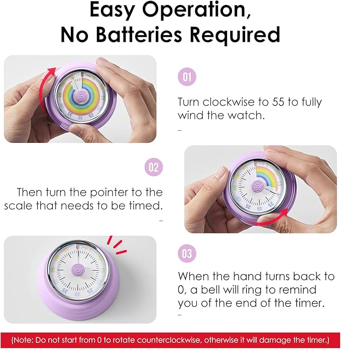 Teeloray Visual Timer for Kids Rainbow Kitchen Timer with Magnetic Base Mechanical Timer 60-Minute Countdown Timer Ringer Alert Time Management Tool for Children and Adults Study Work Cooking, Purple