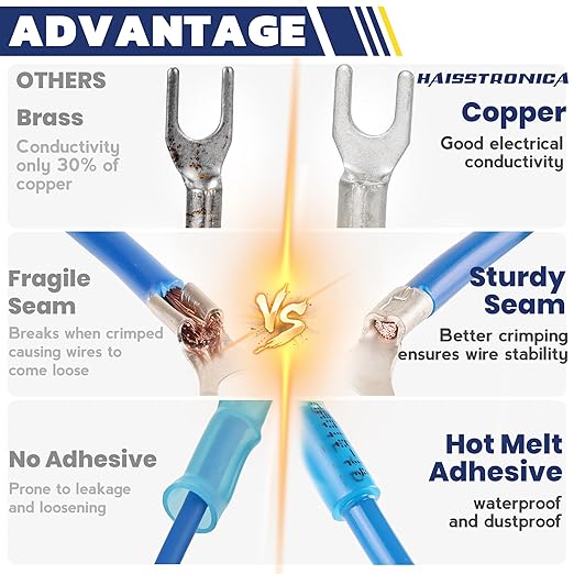 haisstronica 200PCS Heat Shrink Fork Spade Connectors #10 Waterproof Marine Grade Fork Terminal Connectors U-Type Blue 16-14 Gauge