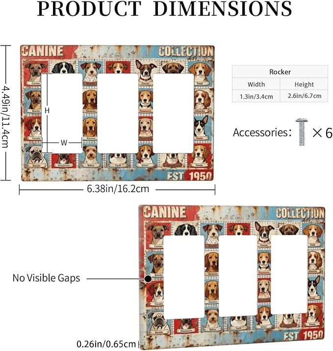 Bvtewkhz Dogs Funny Puppy Pets Vintage 3 Gang Triple Rocker Decorative Outlet Covers Light Switch Plate Electrical Receptacle Switchplate For Bathroom Kitchen Bedroom