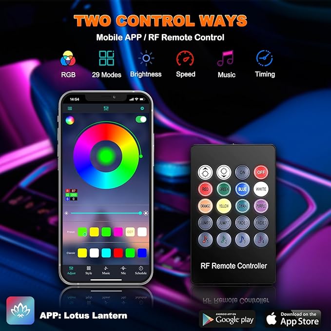 Jushope Interior Car LED Strip Lights with Wireless APP and Remote Control, RGB 5 in 1 Ambient Lighting Kits with 236 inches Fiber Optic, 16 Million Colors Car Neon Lights, Sync to Music
