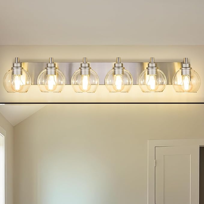 METWET Bathroom Light Fixtures, 6 Light Brushed Nickel Vanity Light, 38 Inch Modern Wall Sconces with Globe Clear Glass Shade, Vanity Lighting Fixtures Over Mirror, VL195-BN-6