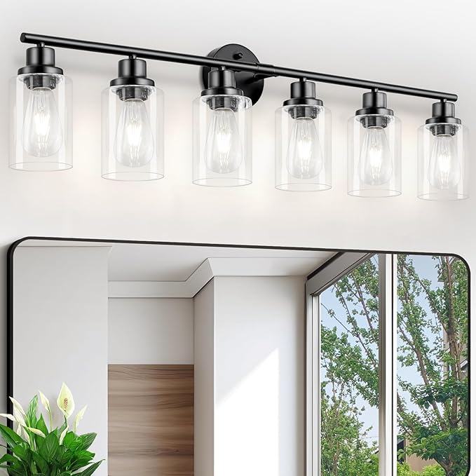 Guliaofo 6-Light E26 Black Bathroom Vanity Lights, Modern Bathroom Light Fixtures with Clear Glass Shade, Wall Lamps for Mirror Hallway Kitchen Cabinet Living Room Sconces Lights