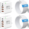 2Pack USB C Fast Charger Block, Total 60W 5-Port USB C Wall Charger with 6.6FT USBC to USBC Cord, 2USB C+3USB A PD 3.0 Multiport Charging Cube for iPhone 17 16 15 Pro Max, G-alaxy S25 S24 Ultra, i Pad