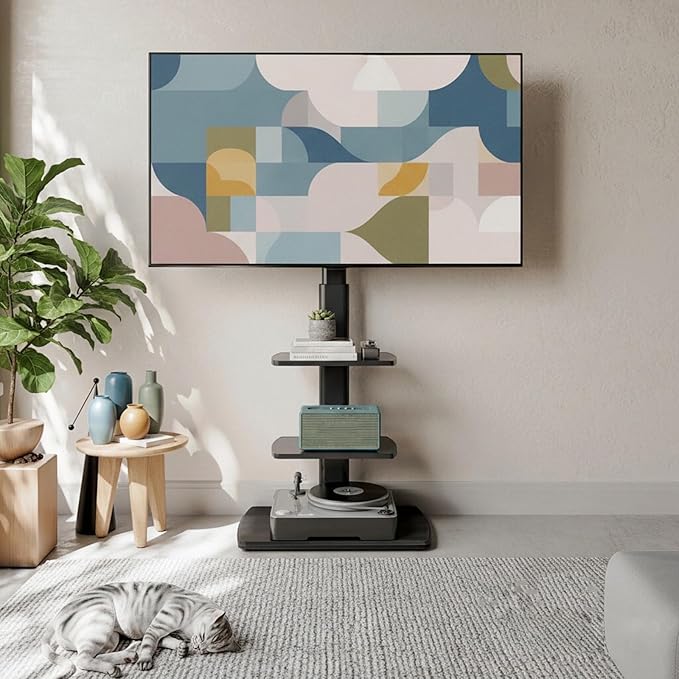 FITUEYES TV Floor Stand for Living Room Bedroom, Tall TV Stands with Sturdy Wood Base for 32 39 40 43 49 50 55 60 65 70 Inch TVs, Corner Stand with Height Adjustable Shelves, Swivel Black