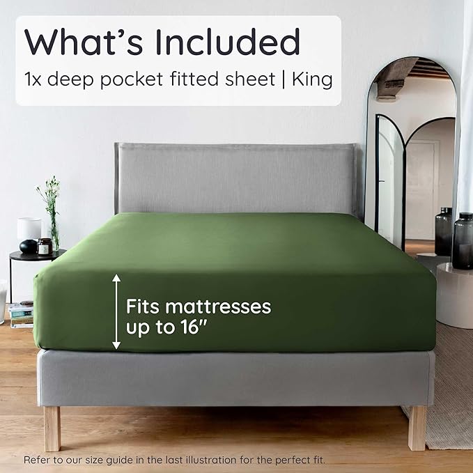 Bambaw King Fitted Sheet Only, 100% Viscose Derived from Bamboo Fitted Sheet King Size, Cooling & Soft, 16” Deep Pocket (Olive)