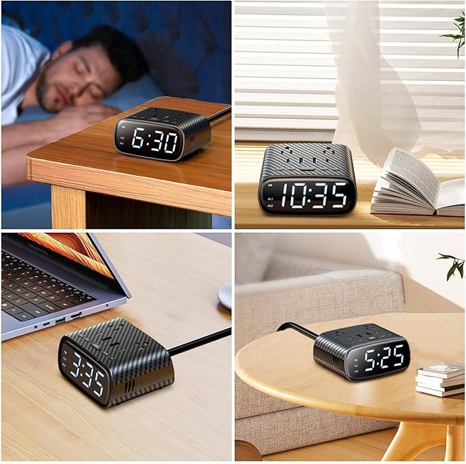 2PCS Alarm Clock with 2 USB-C, 2 USB-A Chargers Power Strip 2 Outlets - Screen LED Dimmable Digital Clock with Snooze Function - Dual Alarm for Bedside Nightstand