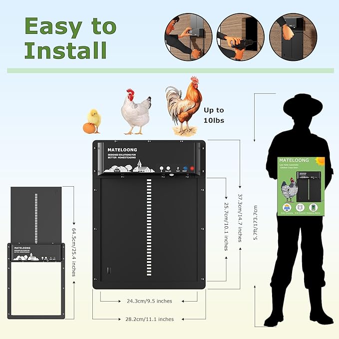 Programmable Automatic Coop Door with App Setup, Solar & Battery Compatible, Motion Sensor Safety Stop, Durable Waterproof Aluminum Door for Poultry, Predator-Resistant - MATELOONG