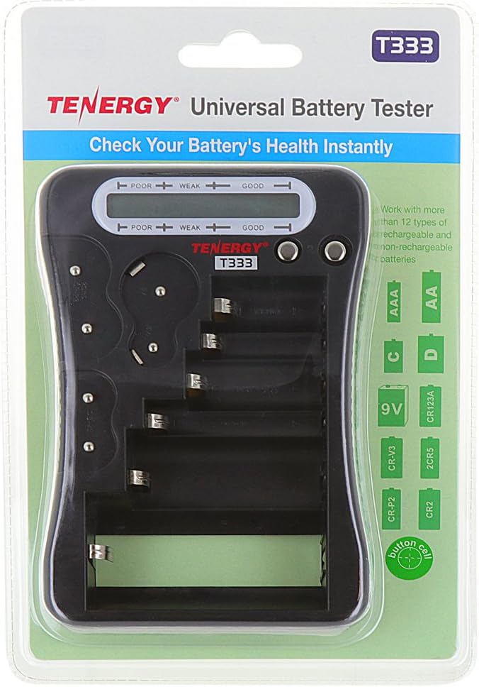 Tenergy T-333 Universal Battery Tester, LCD Display, Cell Checker, Multi-Purpose Small Battery Tester, for AA, AAA, C, D, 9V, CR123A, CR2, CRV3, 2CR5k CRP2, and Button Cell Batteries