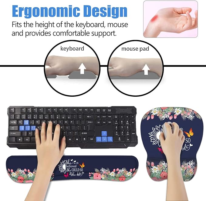 Mouse Pad Wrist Support and Keyboard Wrist Rest Set with Coasters, She Believed She Could So She Did Inspirational Quote with Non-Slip PU Base Ergonomic Mousepad for Computer Laptop Home Office