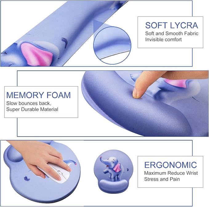 Mouse Pad Keyboard Wrist Rest, Gel Non Slip Rubber Wrist Support Rest Mouse Pad for Home Office, Computer Laptop Desk Typist Gamer, Cute Comfy Cushion Mousepad Memory Foam Ergonomic, Happy Elephant