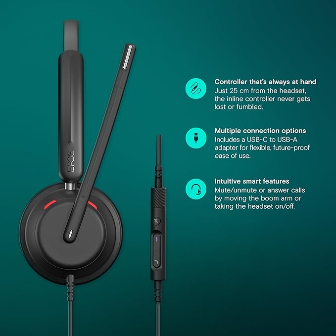 EPOS Impact 730 Mono Wired USB C and USB A Headset with Noise-Canceling Mic, in-Line Controls, High-Performance Audio, Comfortable Fit for Business Calls, Work from Home & Office Use