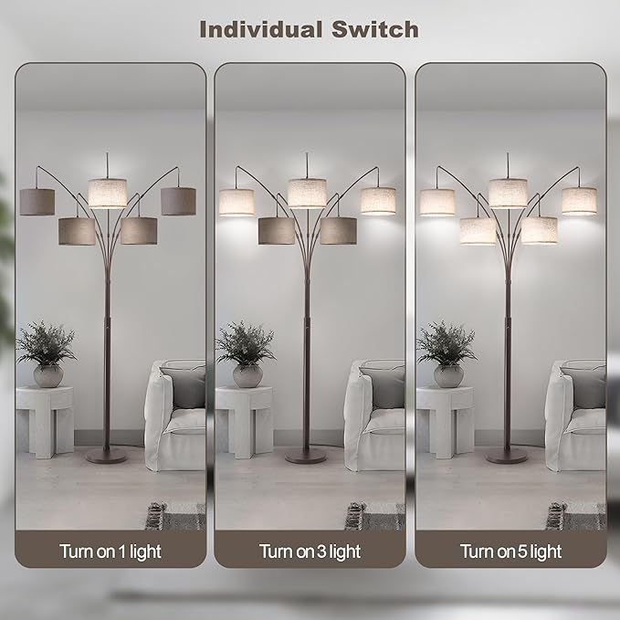 Fansdrick Dimmable Floor Lamp - Arc Floor Lamps for Living Room, 4000LM Super Bright Modern Tall Standing Lamp with Black Shades & Heavy Base, Mid Century Tree Floor Lamp for Bedroom Office