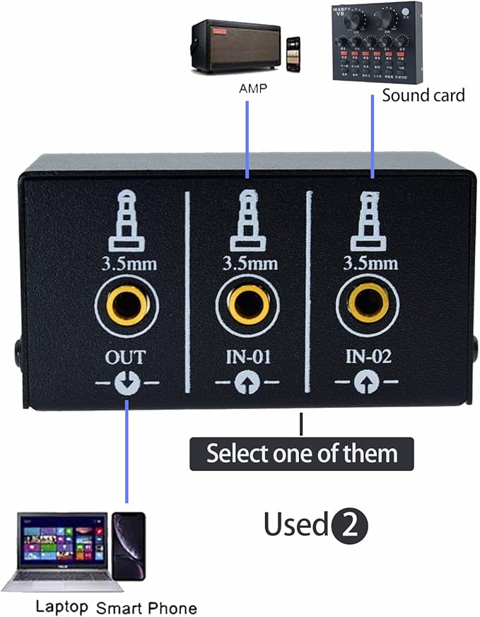 1/8" 1 in 2 Out or 2 in 1 Out Audio selector 3.5 mm TRS Stereo Channel 2 Splitter switcher Box Switching No External Power No Noise