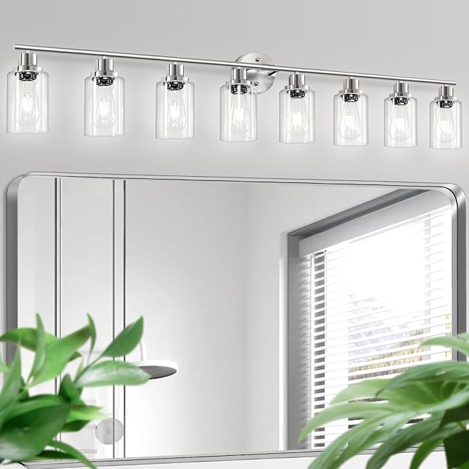 Guliaofo 8-Light Brushed Nickel Vanity Lights, Modern Bathroom Light Fixtures with Clear Glass Shade, Wall Lamps for Mirror Kitchen Hallway Cabinet Living Room Sconces Lights - E26