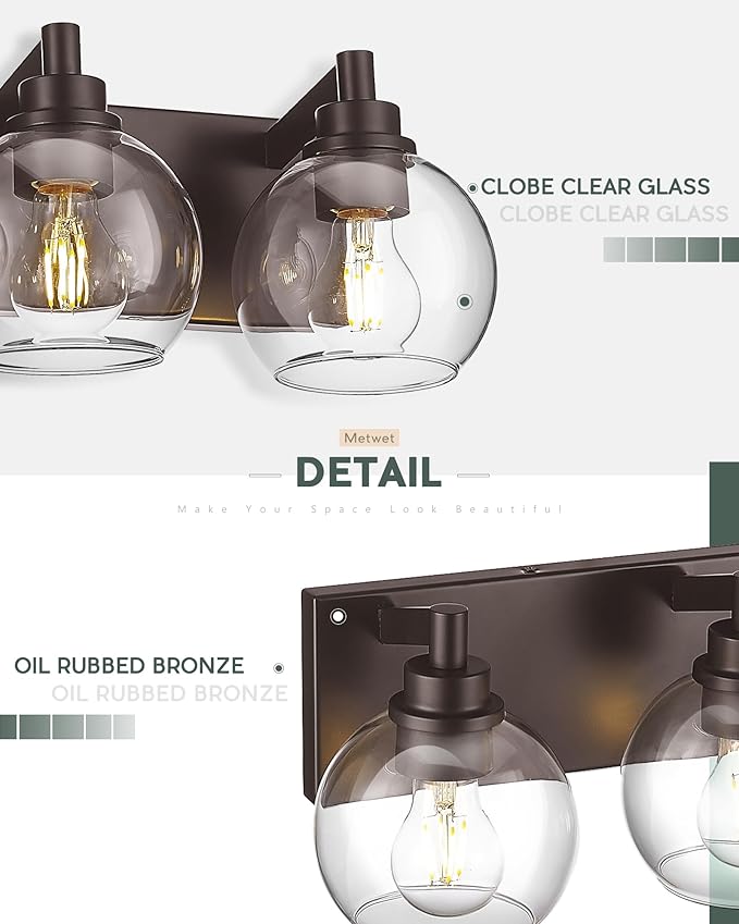METWET Bathroom Light Fixtures Over Mirror, 3-Light Oil Rubbed Bronze Vanity Light with Clear Glass Globe Shade, Modern Sconces Wall Lighting, Bathroom Wall Lights for Bedroom Hallway, VL195-ORB-3