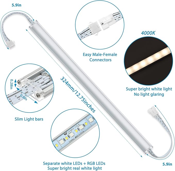 Kitchen Under Cabinet LED Light. RGBW. Color Change & Super Bright Cool White Light. Remote with Dimming. 6 LED Light Bars with Power Adapter, Extension Cable. Plug in. Easy to Install. RGB + 4000K.