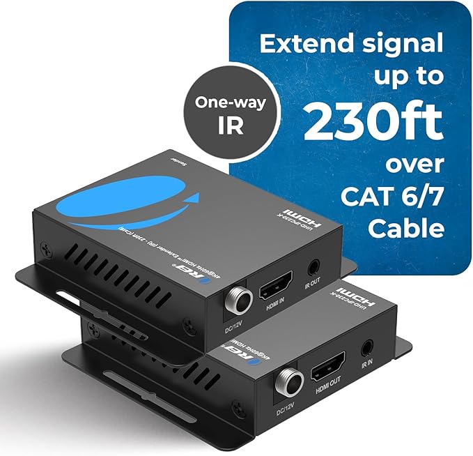 OREI HDMI Over Ethernet Extender via CAT6/7-4K@60Hz Up to 230 ft – HDMI 2.0 & HDCP 2.2 Compliant - 18Gbps Video Bandwidth with HDR 10 – Power Over Cable - 1 Year Warranty (UHD-IPC230-K)