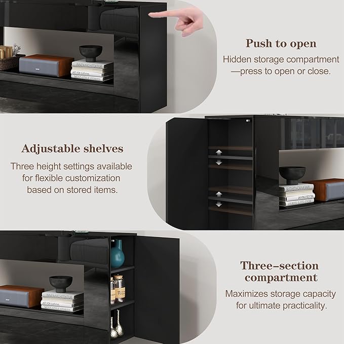 Vavkorkula High Gloss TV Stand for 55 Inch with 2 Large Drawers & Hidden Storage Cabinets, Modern Entertainment Center Television Stands for Living Room Bedroom, Black