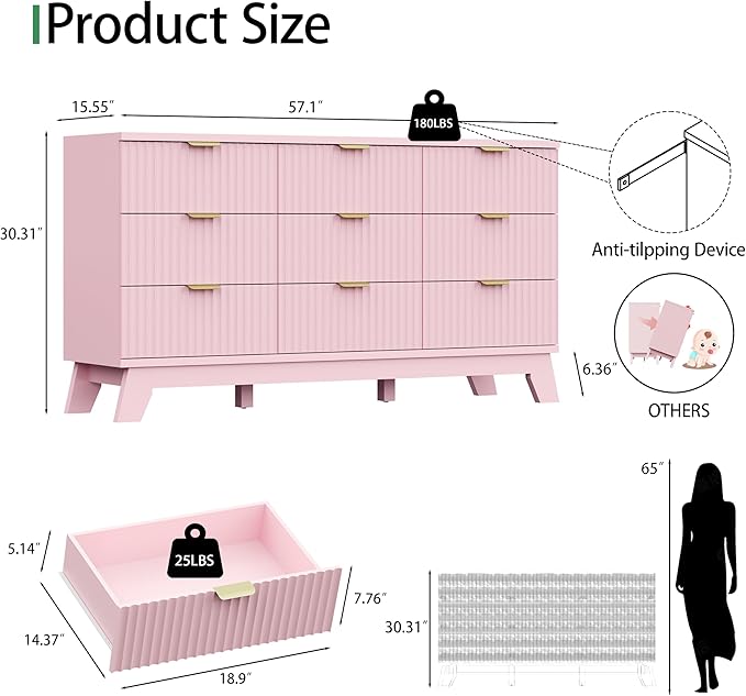 Xixini Fluted Dresser for Bedroom with 9 Drawers, 57" Wide Modern Chest of Drawers with Metal Handle, Wooden Dresser TV Stand, Wood Closet Clothes Storage Organizer for Living Room, Hallway, Pink
