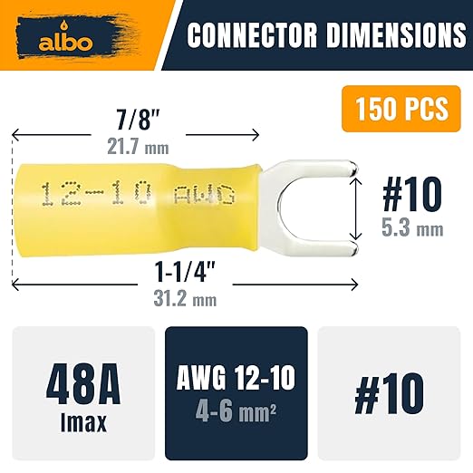 150PCS Yellow Heat Shrink Fork Spade Connectors #10 – 12-10 AWG Tinned Copper Terminals, Waterproof Wire Crimp Kit for Automotive, Marine, Speaker & Electrical Wiring