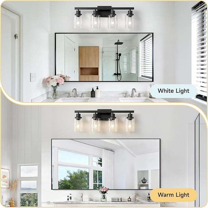 DIKAIDA Bathroom Vanity Light, 4-Light Modern Matte Black Wall Sconce Lighting with Clear Glass Shade, Bathroom Lighting Fixtures Over Mirror,Vintage Wall Mounted Lamps for Mirror Bedroom,Living Room