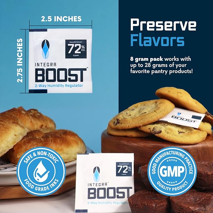 Integra Boost 2-Way Humidity Control Pack - Preserve Flavor & Control Humidity at 72% RH - Moisture Absorber for Herbs, Spices & More - 8 Gram (Pack of 144 in Retail Display)