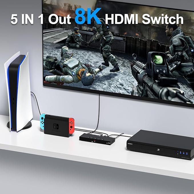 8K 5 in to 1 Out HDMI Switcher，5 Way HDMI Converter & Infrared Remote Control - Ideal for Nintendo Switch/OLED/Xbox PS5/4/3 Blu-Ray Player Fire TV Stick Roku Apple TV Chromecast PC