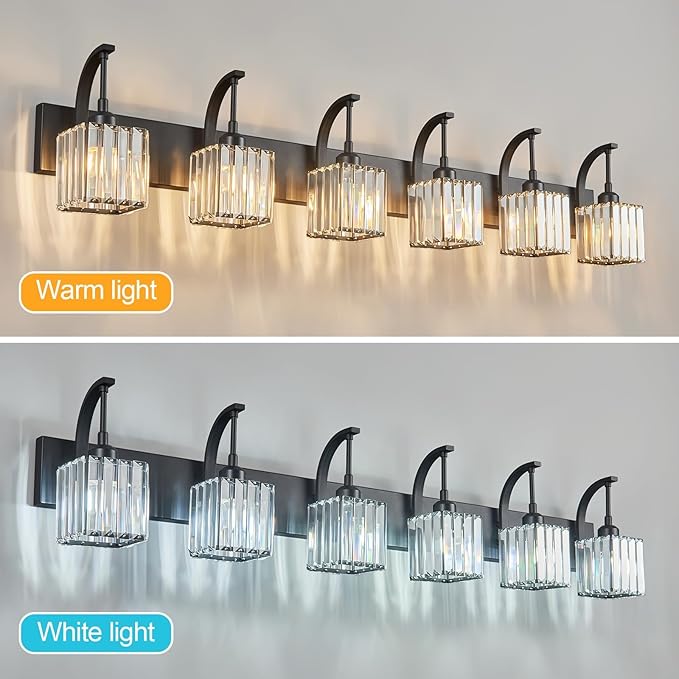 FDPBY Crystal Vanity Lights 6-Light Black Bathroom Vanity Lights Modern Crystal Bathroom Light Fixtures Over Mirror 51.18" Long Vanity Light for Bathroom