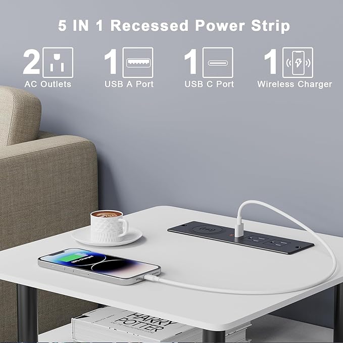 Recessed Power Strip with 15W Wireless Charger, Haiaoyyds Flush Mount Power Strip with 2 Outlets, 2 USB, and 6.56FT Flat Plug Cable, Furniture Recessed Outlet for Drawer, End Table, Sofa, Cabinet