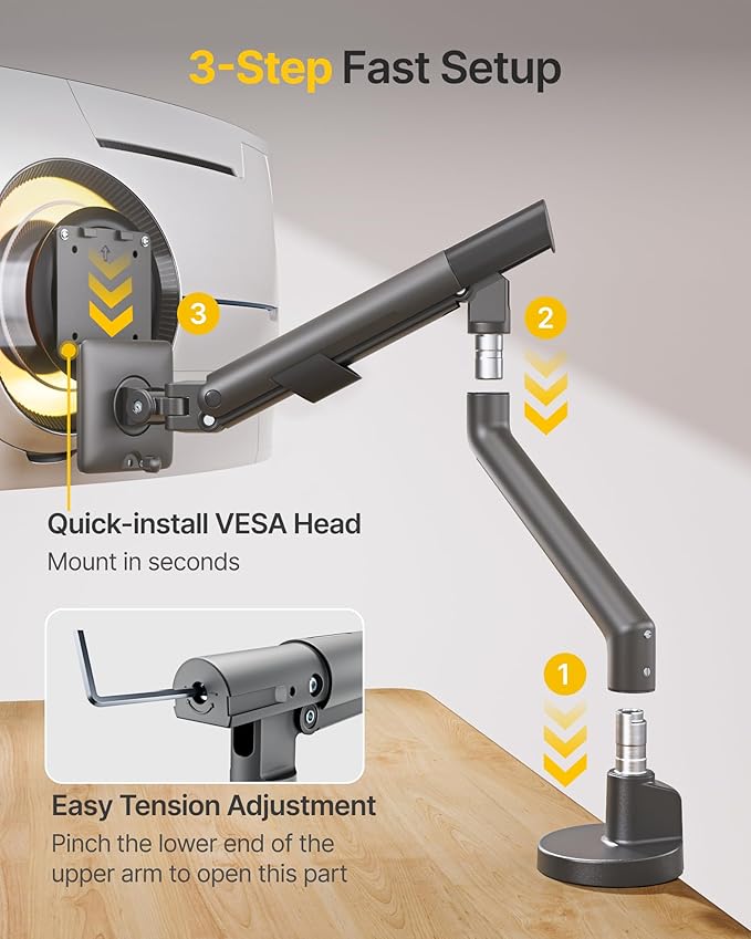 monTEK Single Monitor Arm for 17-40 Inch Screens, Up to 24.25lbs, Heavy Duty Monitor Mount with VESA Mount, Full Motion Adjustment Monitor Stand C-Clamp/Grommet Base,Dark Gray,MA1010DG