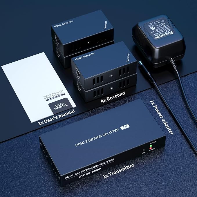 HDMI Extender Splitter 1x4 1080P@60Hz Over Cat 5E/6/7 Ethernet Cable 50m (165ft) Support EDID Copy POC Function (1 in 4 Out)