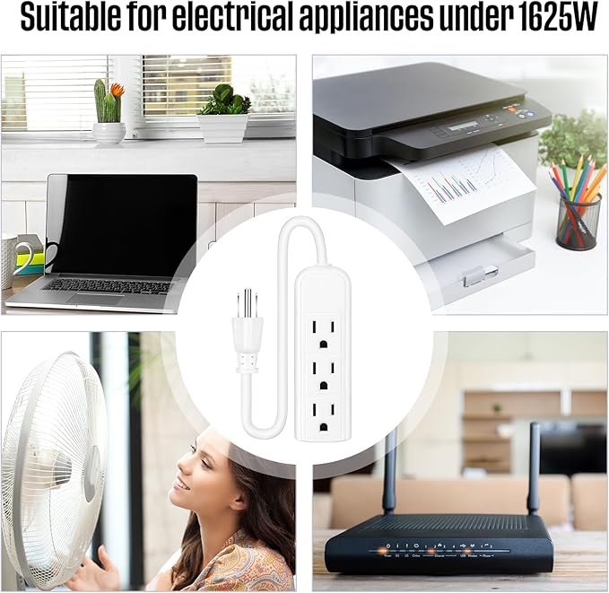 Copkim 20 Pack 3 Outlet Power Strip Extension Cord with Flat Plug Mini Cord 3 Ground Heavy Duty Mountable Outlets Strip for Computer Phone Home Office (1 ft,White)