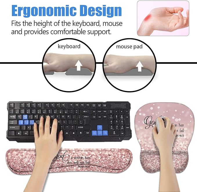Ergonomic Mouse Pad Wrist Support and Keyboard Wrist Rest Set with Coasters, Non-Slip PU Base, Easy Typing & Pain Relief for Computer Laptop Home Office, Bible Verse Psalm 46:5